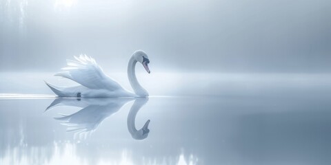 Naklejka premium A serene swan gliding across a calm lake, its white feathers