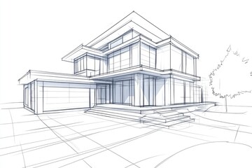 Line art illustration showcasing an architectural sketch of a house building in 3D