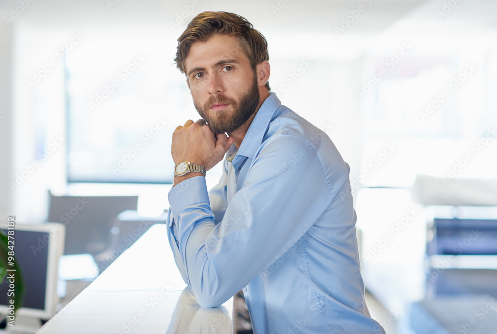 Poster business man, office and portrait at desk with professional and confidence with public relations wor
