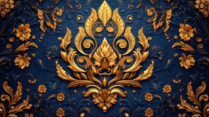 Ornate Golden Floral Design on Deep Blue Background