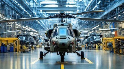 A row of military helicopters are in a large factory, the front one in focus.