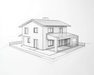 Line art illustration showcasing a house with a detailed architectural design in a three dimensional perspective