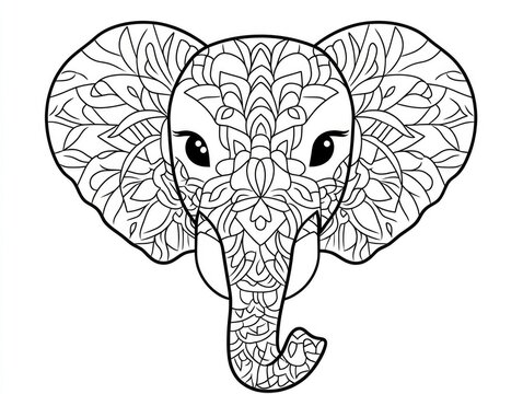recommend clip art: Cute elephant head coloring page featuring simple line art and a geometric flower mandala pattern ideal for kids coloring activities and minimal clipart use