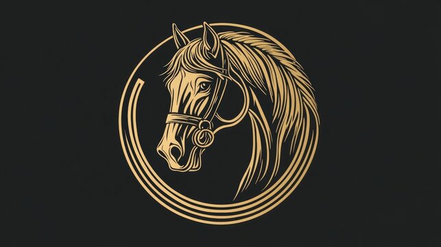 recommend clip art: Line art depiction of a golden horse head within a golden horseshoe