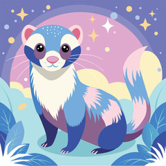 pastel colorful color ferret,big eyes sparkle, star circle and blue leafs