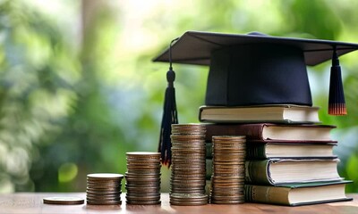 A graduation cap atop books and stacks of coins, symbolizing education and financial investment.