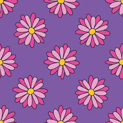 1970s floral seamless pattern. Groovy and funky hippie aesthetic.Good vibes only.Ornament with flowers, botany, petals.Psychedelic rainbow repeating background.Retro print for fabric with nature.	