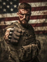 Obraz premium A battle-scarred American soldier, face streaked with blood, stands defiant against a backdrop of the Stars and Stripes. His clenched fist, protected by tactical gear.