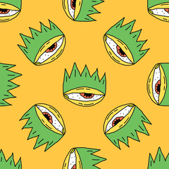 square seamless pattern -sinister eyes for Halloween.Devil eyes in 1970s psychedelic style.Groovy and funky print ornament.A look from a horror movie. Mystical esoteric eye.Witches,astrology and tarot