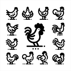 Black line chicken vector icon set. Clean and modern design, perfect for logos, farm products, packaging, and web illustrations. Available in vector format for flexible use.