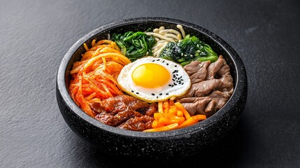 Korean bibimbap with fried egg, beef, vegetables, and rice in a stone bowl
