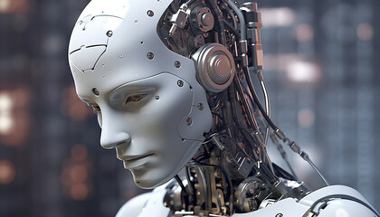 Fototapeta premium A humanoid robot with intricate mechanical features and sleek design, showcasing advanced technology and futuristic aesthetic. robots expression conveys sense of curiosity and intelligence