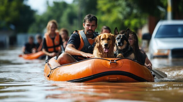 A group of people in a lifeboat with dogs are being rescued from a flooded street.