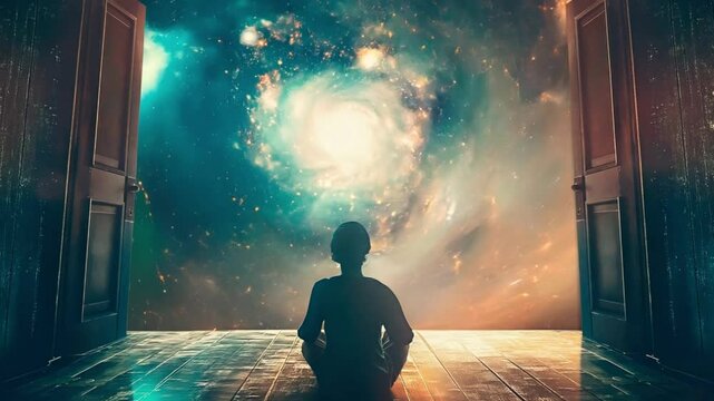 Person contemplating view to the outside with swirling nebula. Concept of imagination and creative thinking mind.
