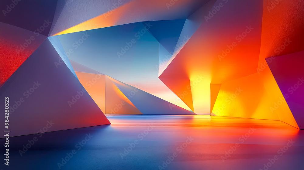 Poster dynamic and vibrant abstract geometric design with sharp shapes and bright colors creating an energe