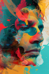 A vibrant artwork featuring human face surrounded by colorful abstract shapes and textures, evoking sense of creativity and emotion. interplay of colors creates dynamic visual experience