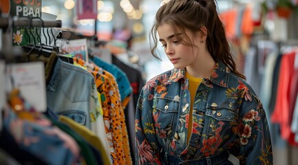 Obraz premium Timeless Trends: A Woman's Vintage Fashion Portrait in a Second-Hand Store