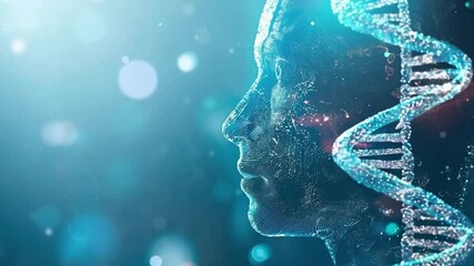Concept of futuristic biotech and genetic engineering. Digital human profile with integrated dna helix structure.