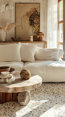 A serene living room featuring cozy white sofa, stylish round coffee table, and elegant decor elements. warm tones and natural materials create calming atmosphere