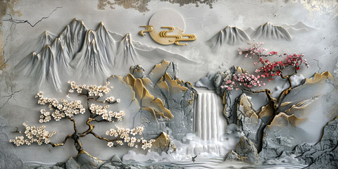 Traditional Asian Mountainous Landscape Painting