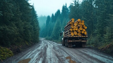 A logging truck carries a load of logs down a muddy forest road in a misty setting.