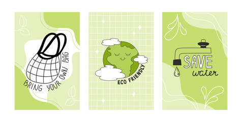 Eco-Friendly Poster Set, Reusable Bags, Water Conservation, Environmental Awareness