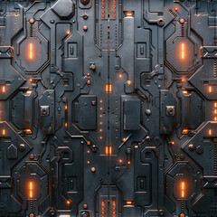 Fototapeta premium Futuristic sci fi texture featuring dark metallic surface with glowing orange lights and intricate patterns, ideal for spaceship design or digital art