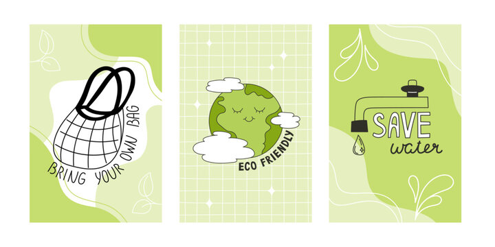 Eco-Friendly Poster Set, Reusable Bags, Water Conservation, Environmental Awareness