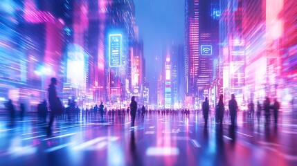 Obraz premium Cityscape at Night with Neon Lights and Blurred People Walking in Street