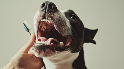 A person is holding a toothbrush near a dog's open mouth, suggesting the act of brushing the dog's teeth. The dog appears cooperative and calm.