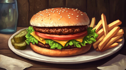 A visual of a classic cheeseburger with lettuce, tomato, and pickles on a sesame seed bun, with a side of crispy fries.