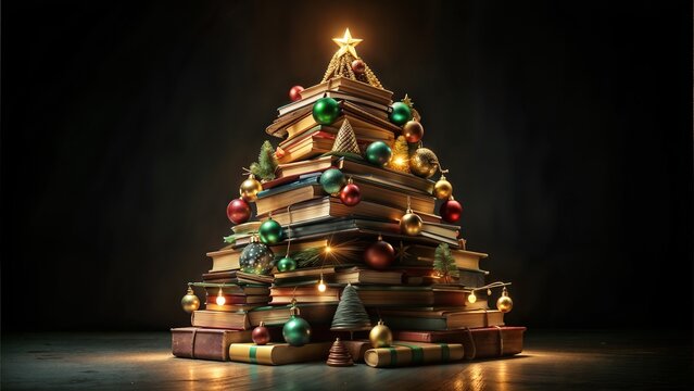 Creative Christmas tree made of books with ornaments and lights on a dark background