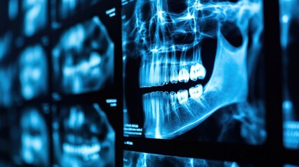 X-ray images of human teeth and jaw displayed on a medical monitor, highlighting dental structures and bone in shades of blue and black.