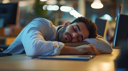 A young man in a light blue shirt sleeping at his desk in an office.