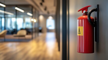A red fire extinguisher mounted on a wall in a modern office hallway.