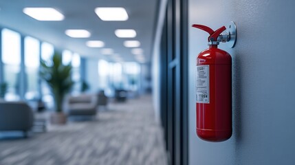 A red fire extinguisher mounted on a white wall in a modern office hallway.