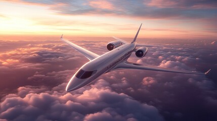 A white private jet flies through a pink and orange sunset sky above fluffy white clouds.