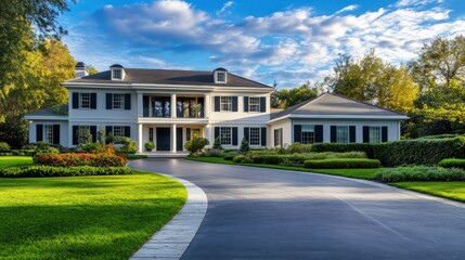 A large, white, two-story house with a long driveway leading up to it. The house is surrounded by lush green grass and trees. The sky is blue with white clouds.