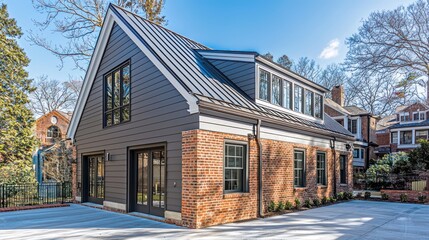 A historic renovation with James Hardie siding, blending seamlessly with traditional brick elements, set in an urban environment to showcase its adaptability and updated look