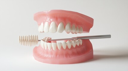 Obraz premium A model of human teeth with a large toothbrush demonstrating proper brushing technique against a white background, used for dental hygiene education..