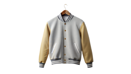 A blank varsity-style baseball jacket hung or laid flat, perfect for sportswear branding or logo placement.