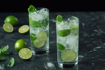 Fototapeta premium Two perfectly chilled mojitos in tall glasses filled with ice and lime slices resting on a dark marble