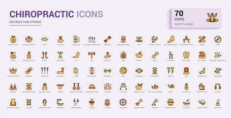 Chiropractic icon set. Colorful icons collection, line icons for web and ui. Vector illustration. Icon names are written in English.