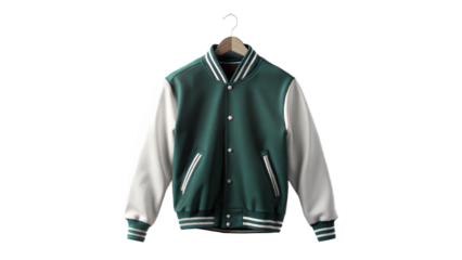 A blank varsity-style baseball jacket hung or laid flat, perfect for sportswear branding or logo placement.