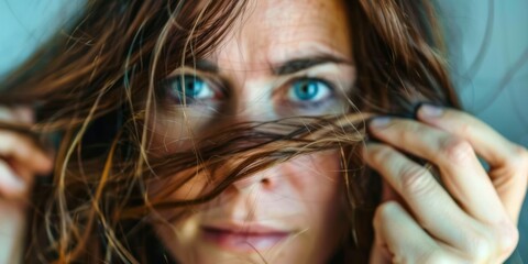 A woman dealing with postpartum hair loss, brushing her hair with strands falling out