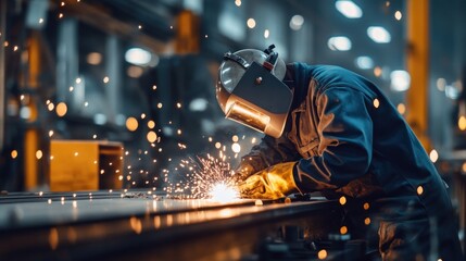 A welder wearing protective gear works on a metal beam in a factory, sparks flying.