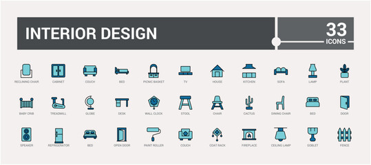 Interior design colorful icon collection. Line and colorful icons for web and ui. Vector illustration. Icon names are written in English.