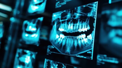 A series of dental X-ray images displayed on a lightbox, highlighting teeth structure for medical examination and diagnosis.