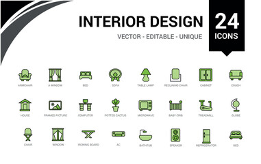 Interior design colorful icon collection. Line and colorful icons for web and ui. Vector illustration. Icon names are written in English.