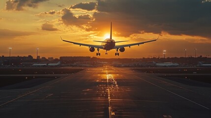 Airplane landing on runway at sunset.